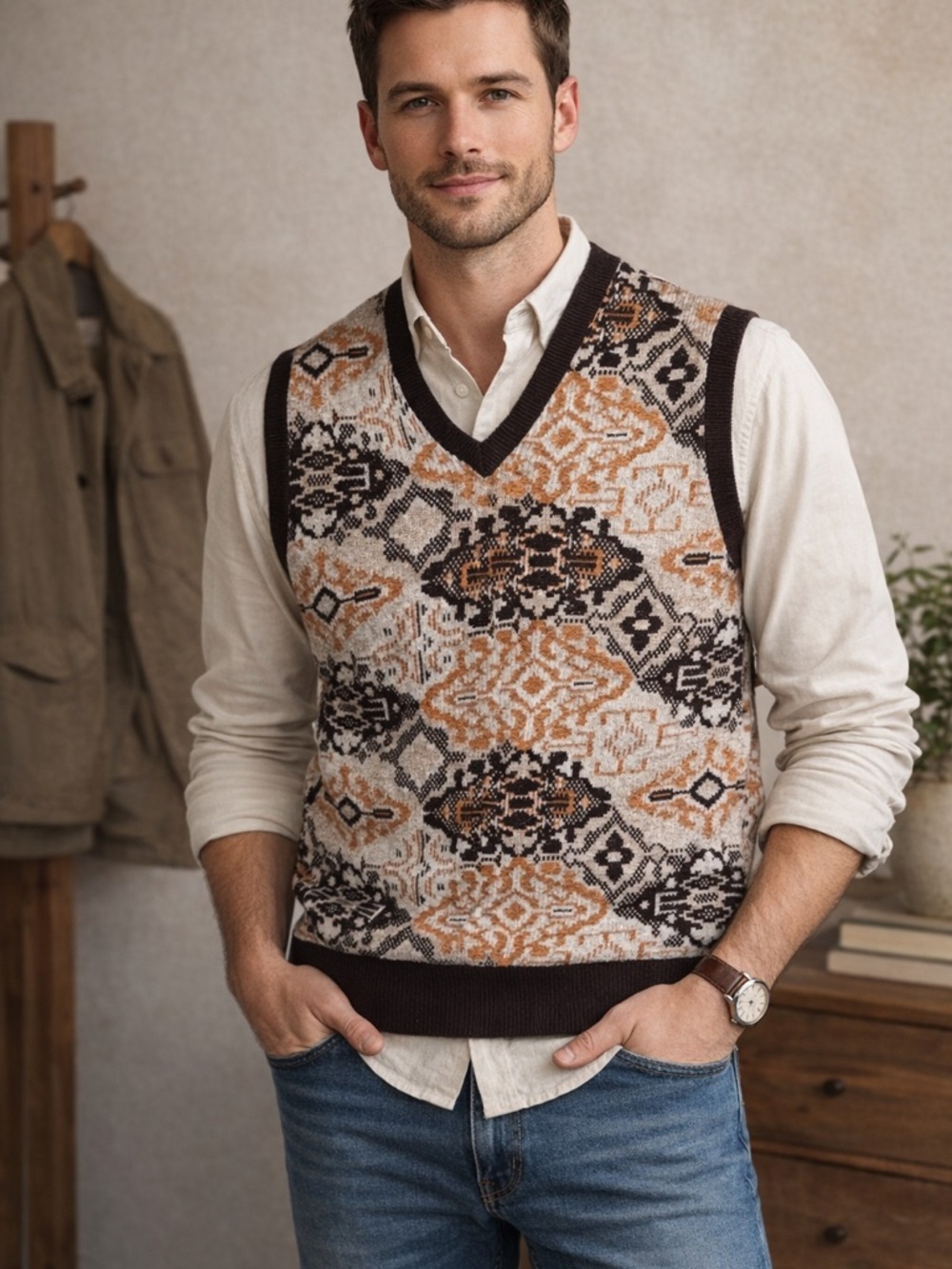 Men's V-Neck Patterned Sweater Vest - Black, Brown, and Cream